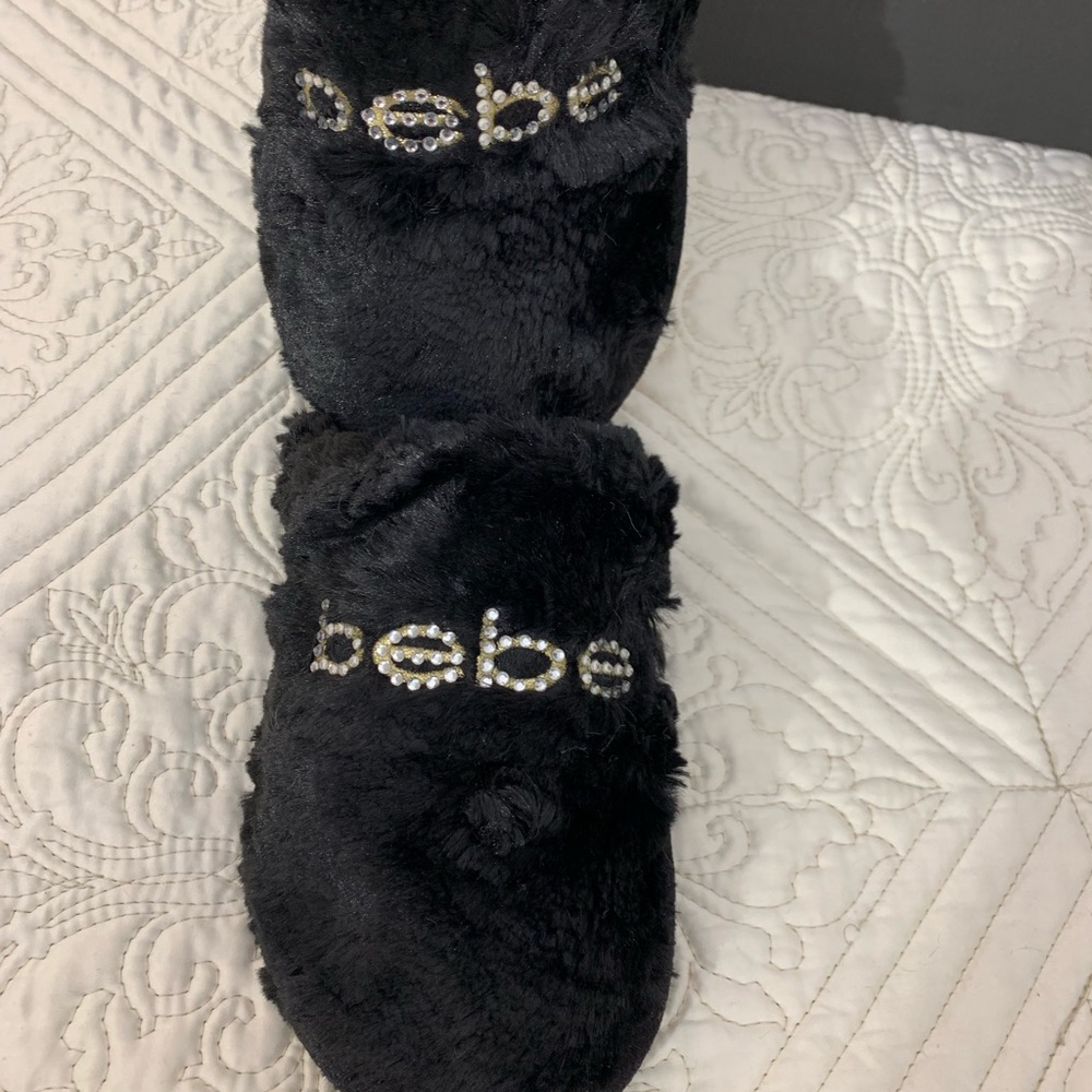 NWB BEBE BLACK FAUX FUR SLIPPERS - Picture 4 of 7